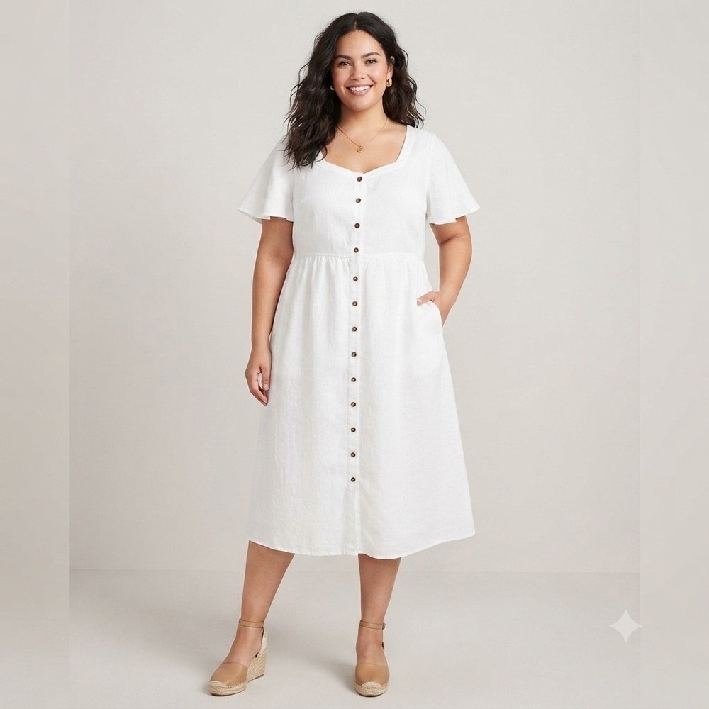 Lands End White Linen Button Front Midi Dress Plus Size 1X Flutter Sleeve,